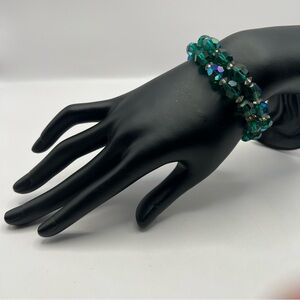 Beautiful Green Turquoise AB Glass Two Strand Bracelet w/ Rhinestone Push Clasp